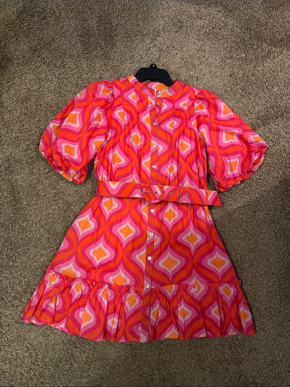 Retro Pink & Orange Belted Button-Front Mini Dress